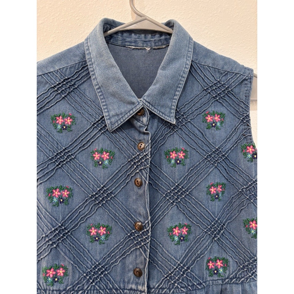 Vtg 90s Cottagecore Denim Maxi Dress Floral Embroidered Smocked Coquette L - Picture 5 of 13